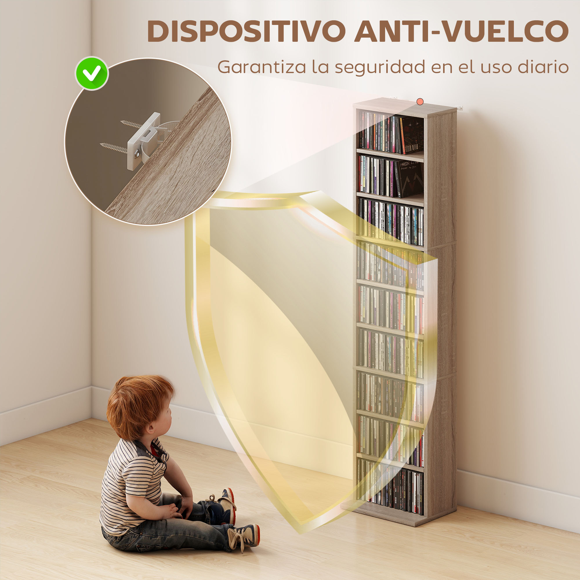 Estantería para CDs y DVDs Soportes para CD Estrechos con 9 Compartimentos Estantes Ajustables para Salón Oficina 33x24x140 cm Madera Natural