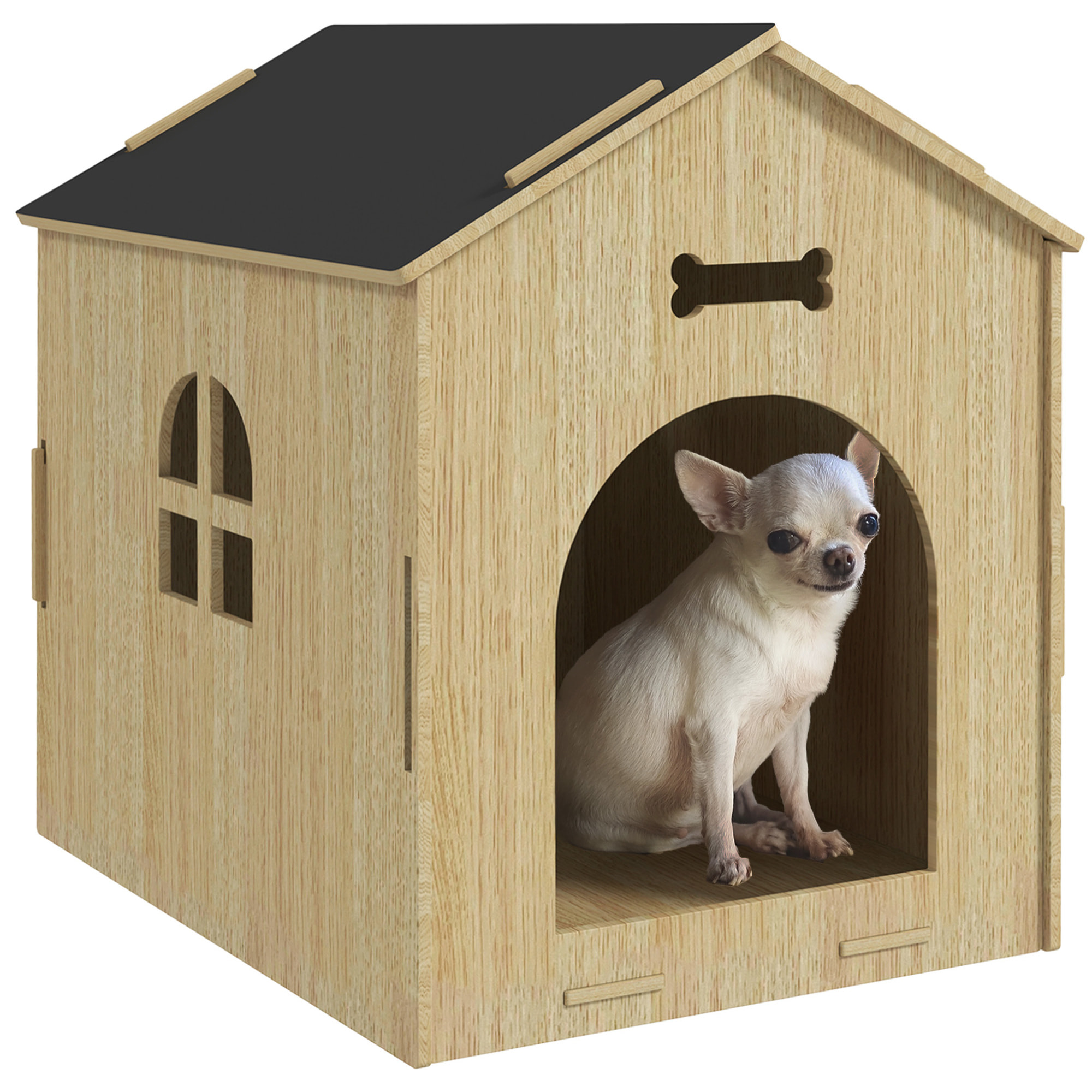 Niche intérieure en kit motif os - niche en bois intérieur - pour petits chiens - grande entrée, fenêtre - effet bois noir