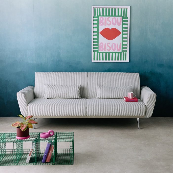 Canapé convertible design en velours côtelé gris clair - Oskar - 3 places scandinave droit avec pieds métal chromé