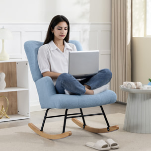 Silla Mecedora, Mecedora de Terciopelo de Teddy con Respaldo Alto, Patas de Madera de Caucho, Reposabrazos, Estilo Moderno, Sillón de Lactancia, Carga 120 kg, para Dormitorio, Salón, Azul Claro