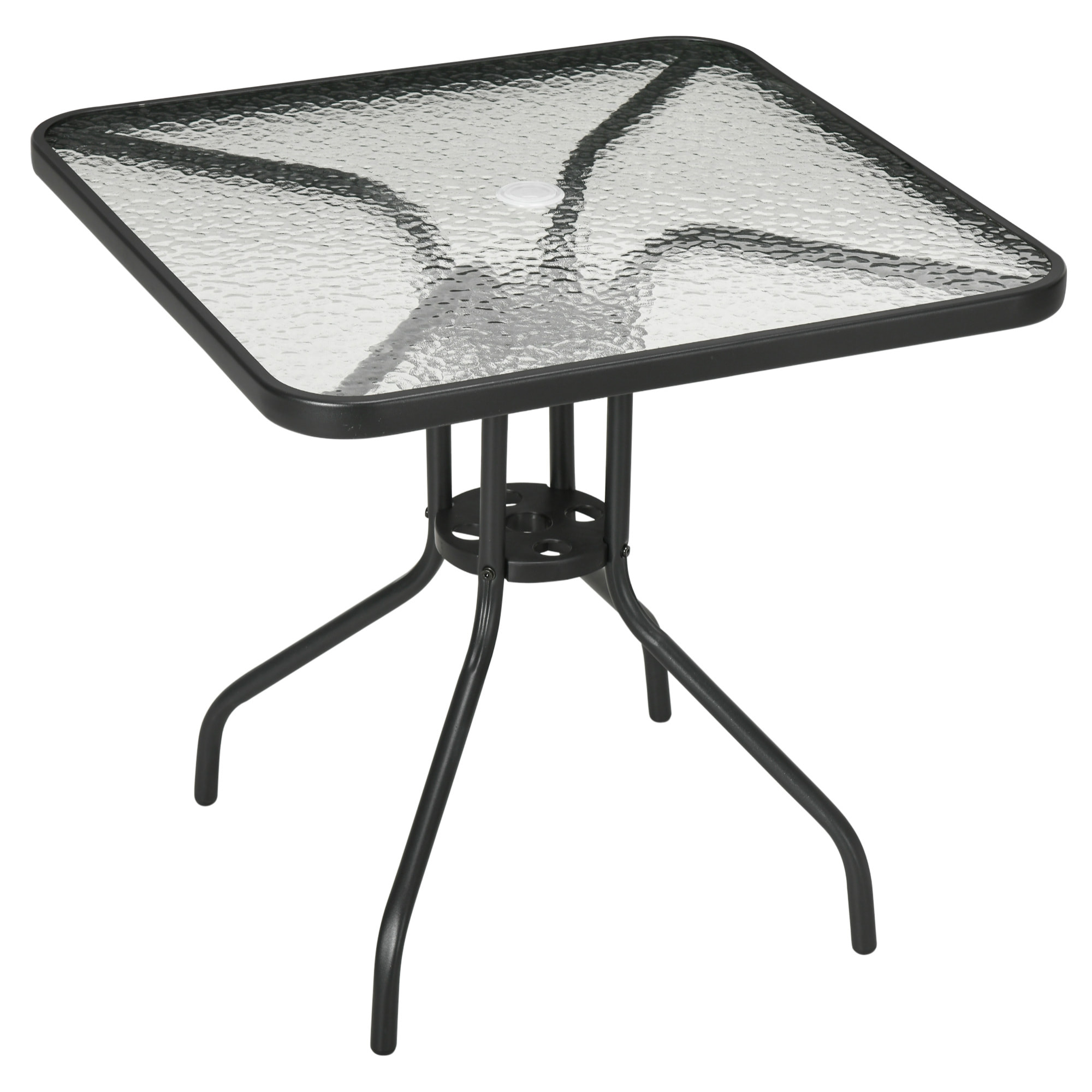 Mesa de Jardín Cuadrada Mesa de Comedor Exterior 76x76x72 cm con Agujero para Sombrilla y Encimera de Vidrio Templado para Patio Terraza Negro