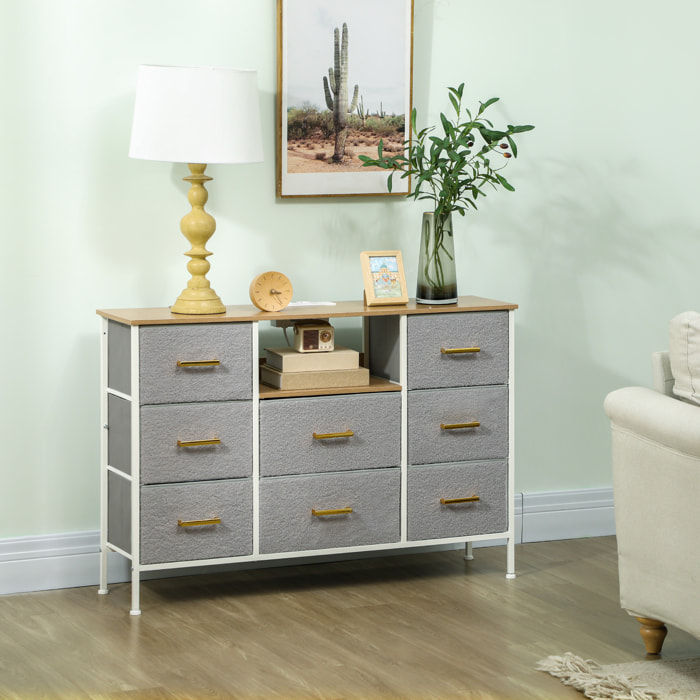 Cómoda con 8 Cajones Tapizado en Borreguito Cajonera de Tela con Estación de Carga Puerto USB Tipo-C y Estructura de Acero Cómoda para Dormitorio Pasillo Gris