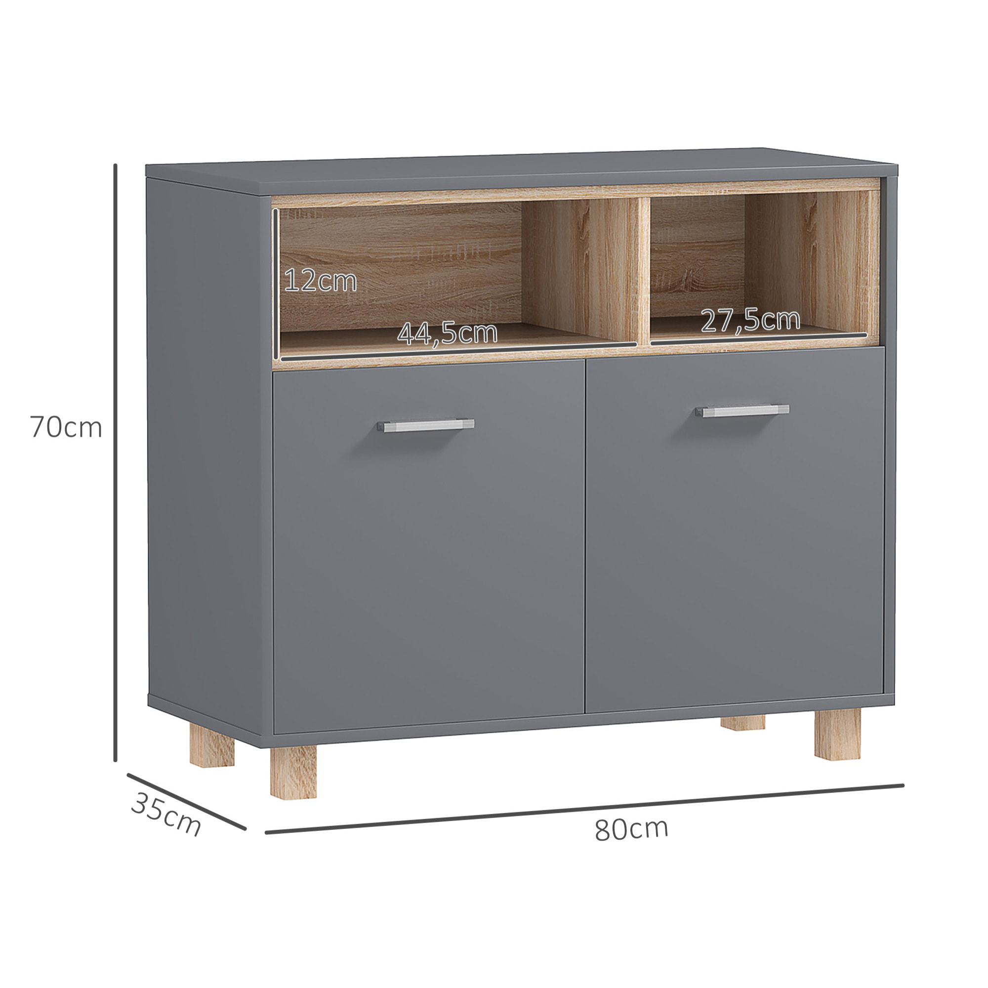 Meuble bas salle de bain design - 2 portes, 2 niches - gris effet bois clair naturel