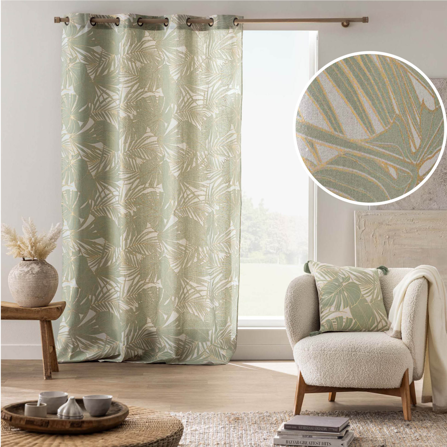 Rideau à œillets polycoton feuillages métallisé - Vert