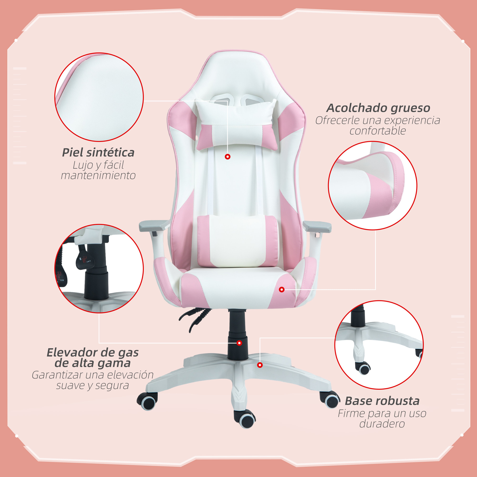 HOMCOM Silla Gaming Reclinable Silla Gamer Giratoria con Cojín Lumbar Reposabrazos Ajustable Reposacabezas Extraíble Basculante y Altura Ajustable para Oficina Estudio 67x60x120-128 cm Blanco y Rosa