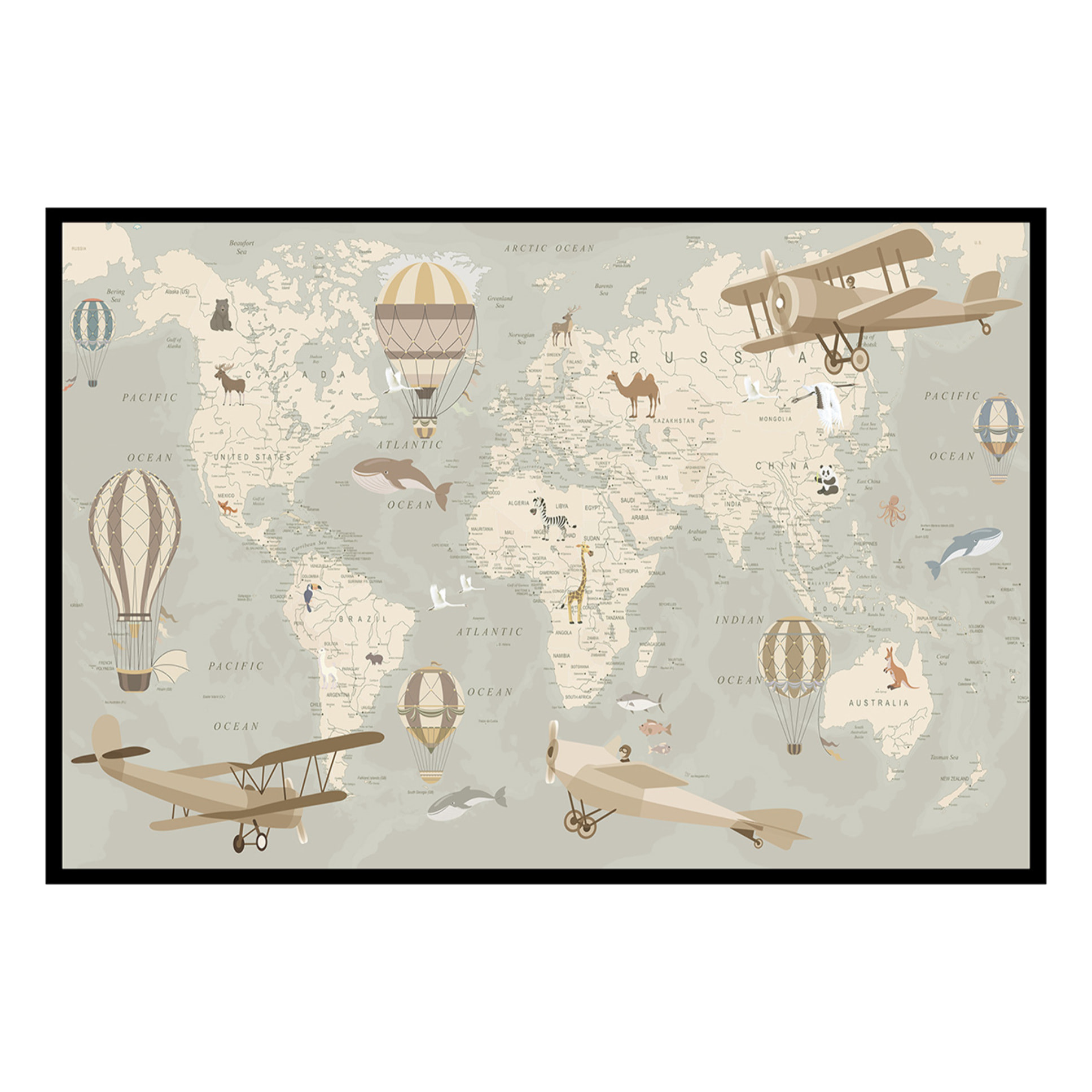 Affiche encadrée carte du monde animaux beige Affiche + cadre en métal - Noir