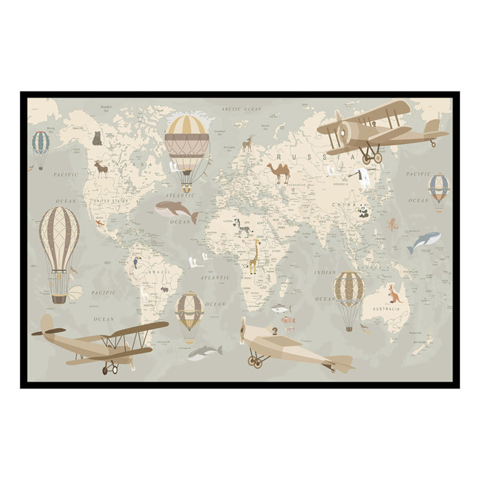 Affiche encadrée carte du monde animaux beige Affiche + cadre en métal - Noir