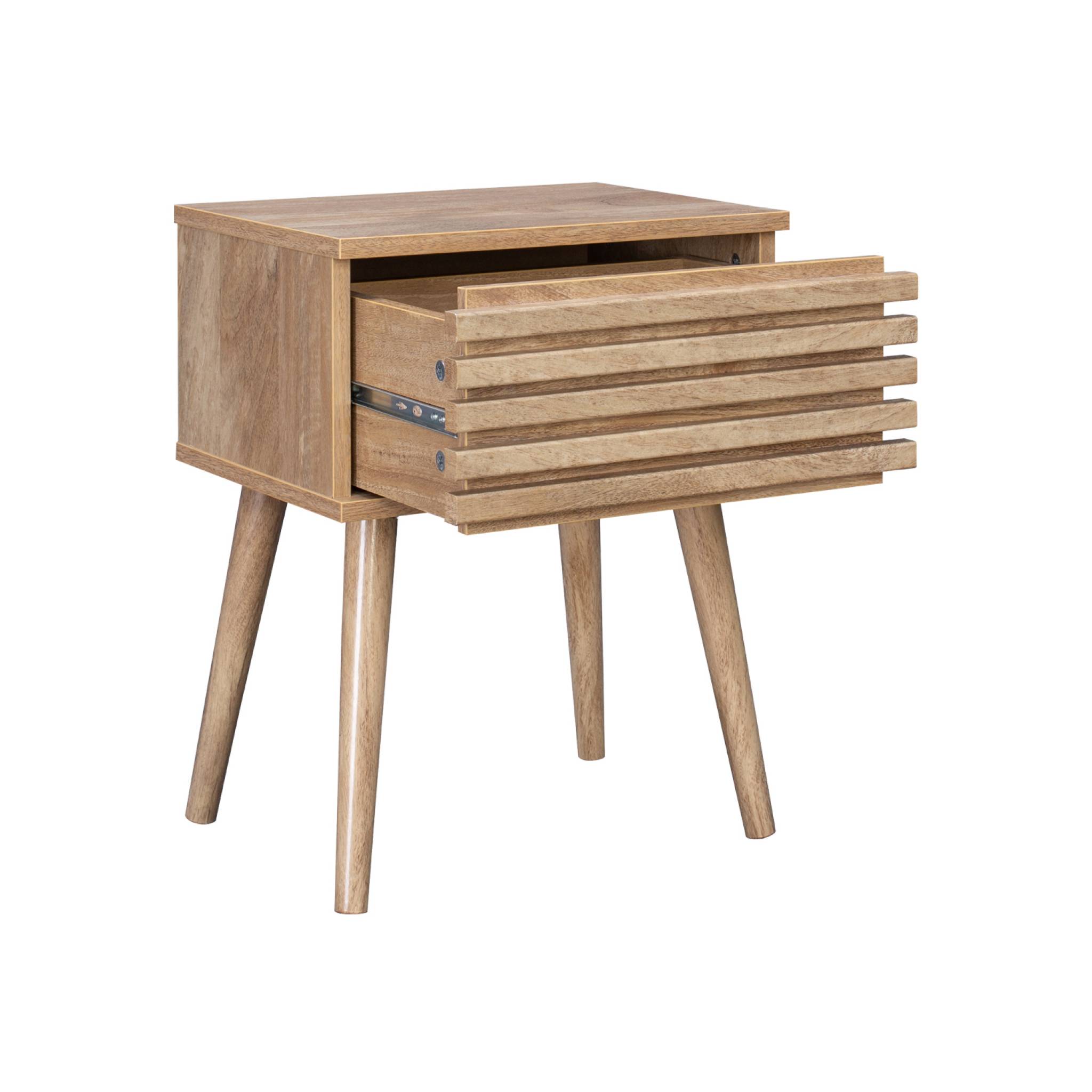 Lot de deux tables de chevet style scandinave décor bois avec tiroir rainuré et pieds compas