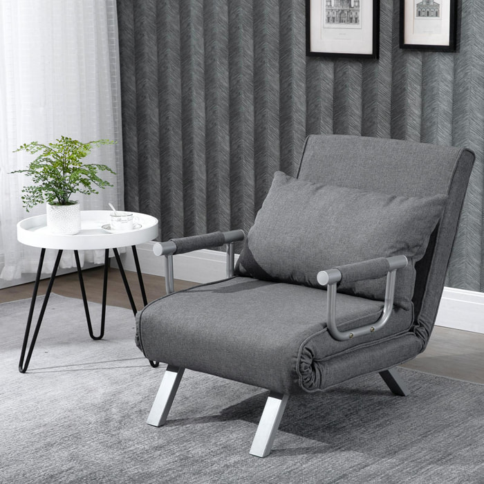 Fauteuil chauffeuse canapé-lit convertible 1 place déhoussable grand confort coussin pieds accoudoirs métal lin gris clair