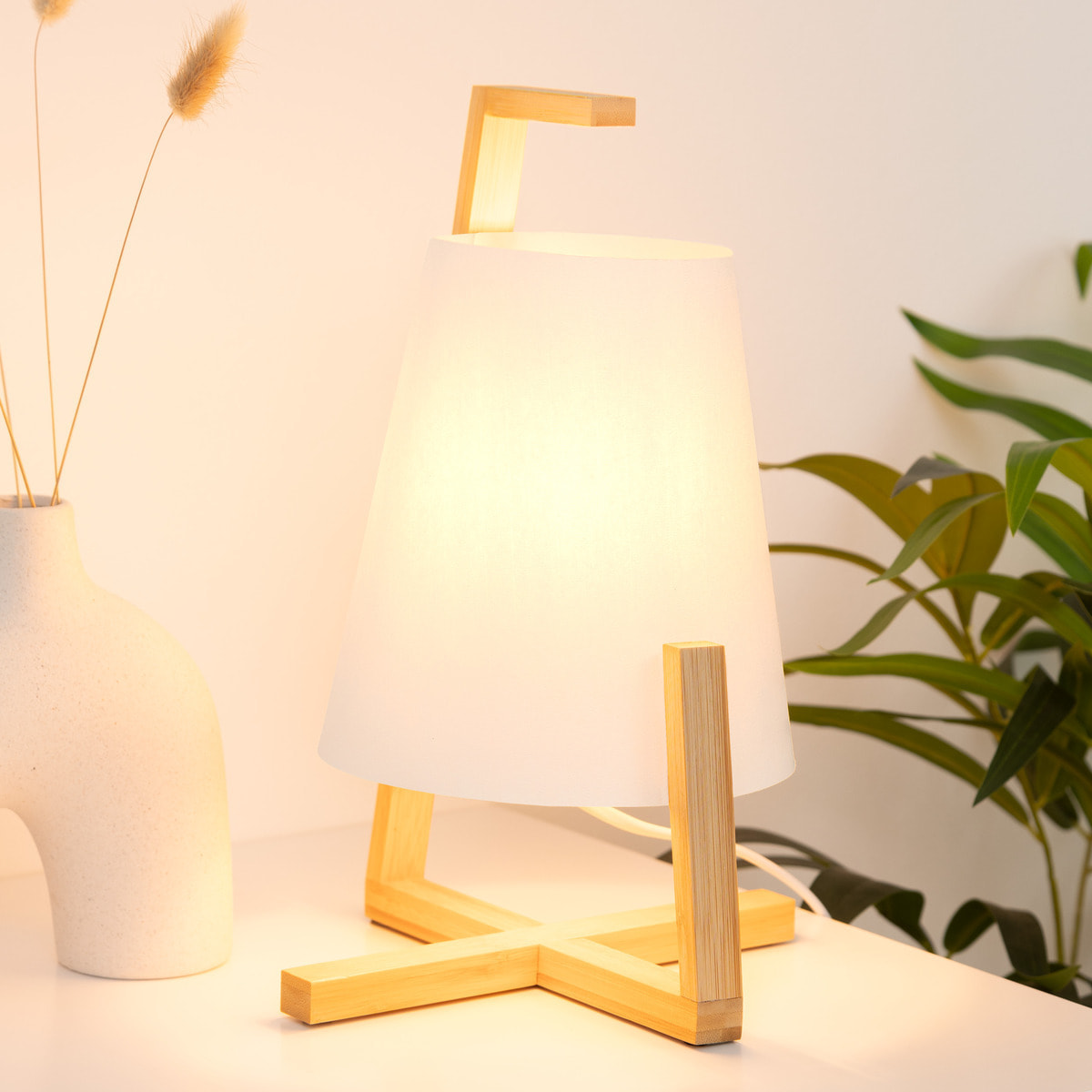 Lampe "Gong" - bambou et blanc - H32 cm