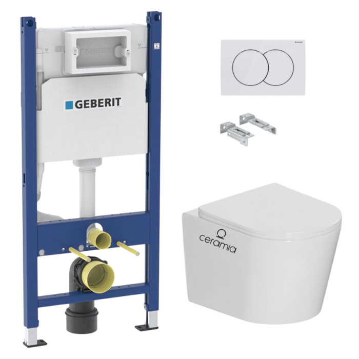 Pack WC bâti-support Duofix 112cm + WC sans bride Ceramia + abattant SoftClose + plaque blanche (CETORGEB3-DE)