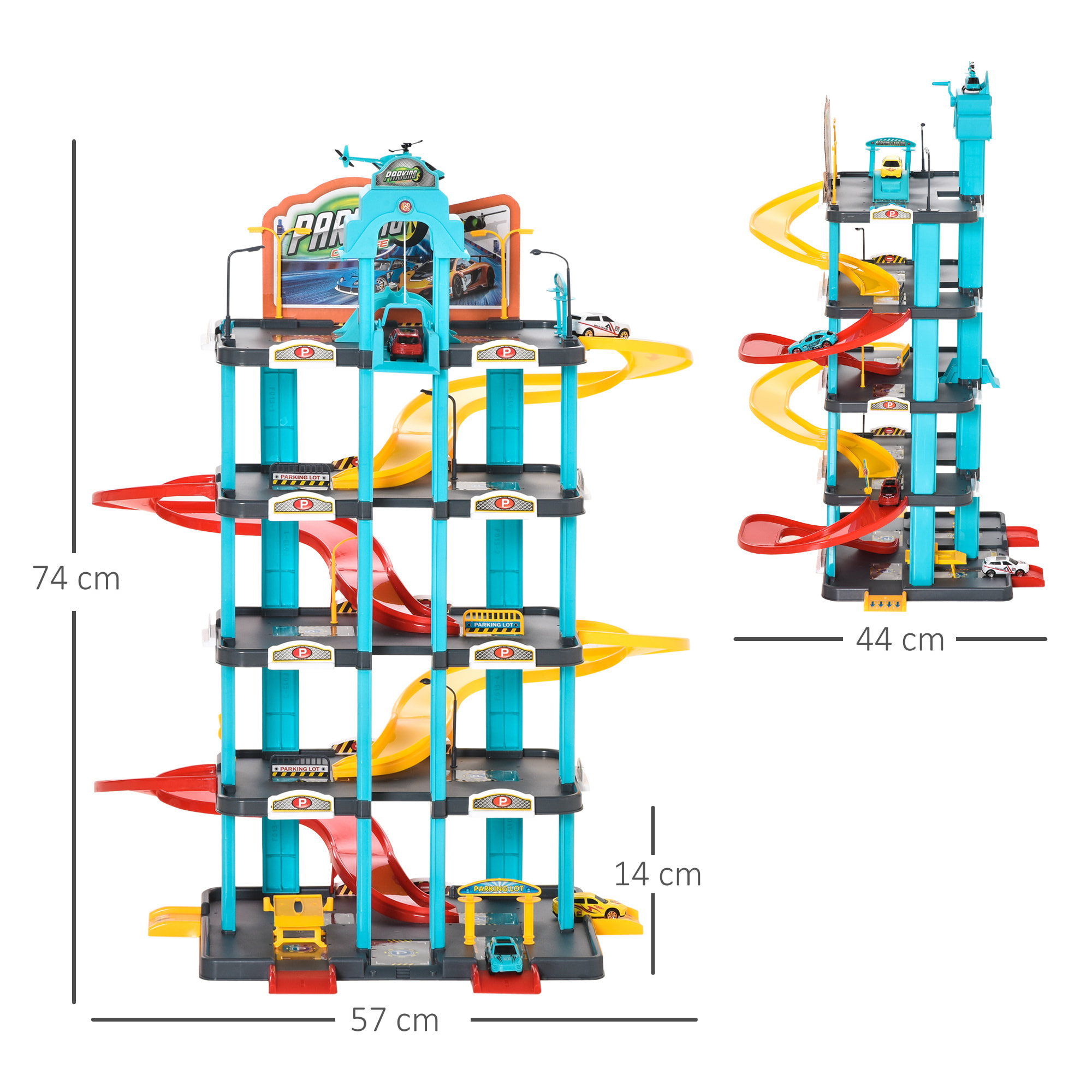 Garage parking voitures enfant - 5 niveaux, 4 voitures, 1 hélicoptère - ascenseur manuel, station-service, pont élévateur - PP ABS bleu rouge jaune