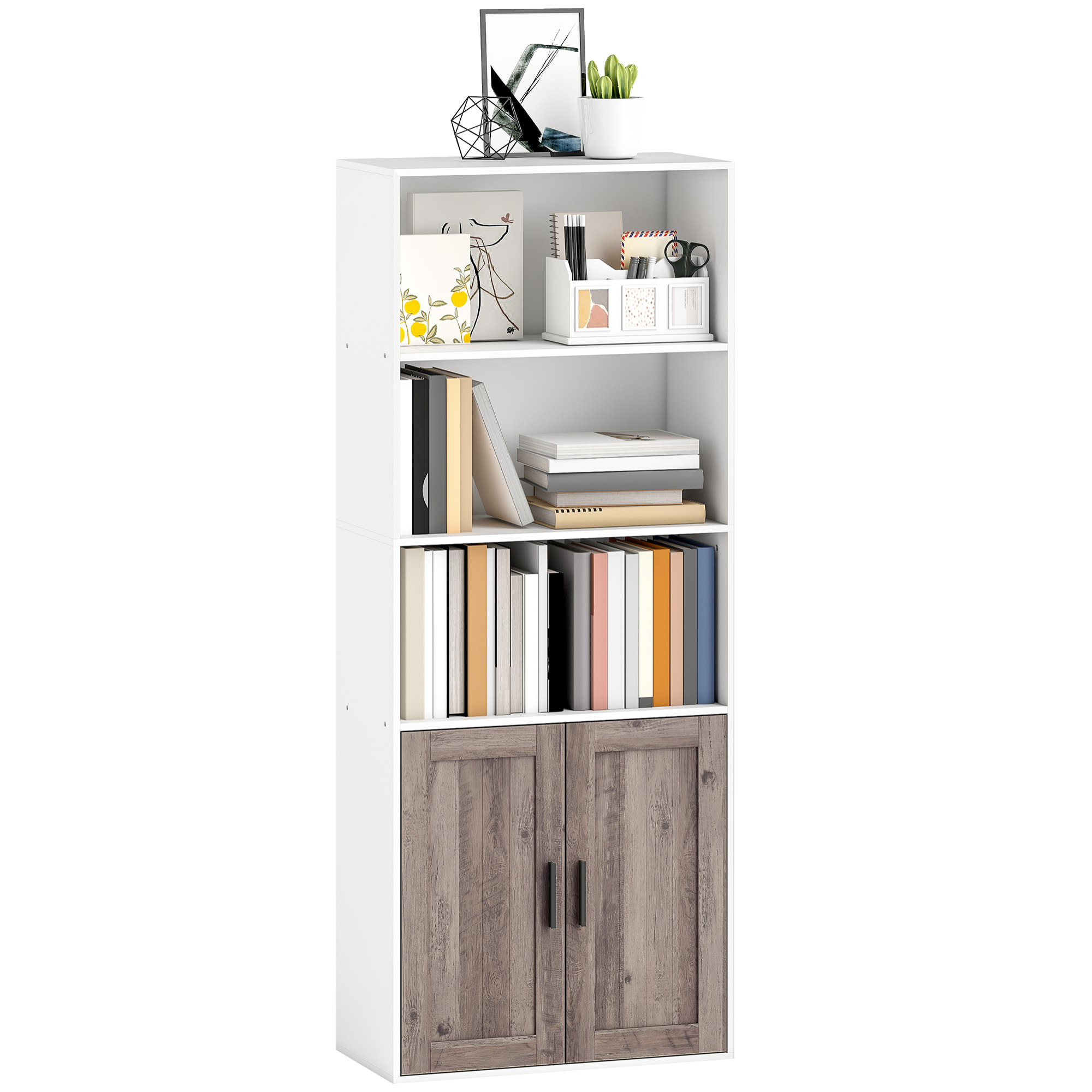 Estantería para Libros Estrecha, Librería con Puertas, Estantes Abiertos y Armario con Balda Ajustable, para Salón, Estudio, Oficina, 60x30x149,5 cm, Blanco y Marrón