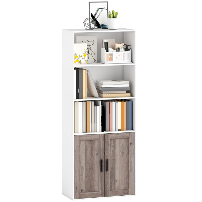 Estantería para Libros Estrecha, Librería con Puertas, Estantes Abiertos y Armario con Balda Ajustable, para Salón, Estudio, Oficina, 60x30x149,5 cm, Blanco y Marrón