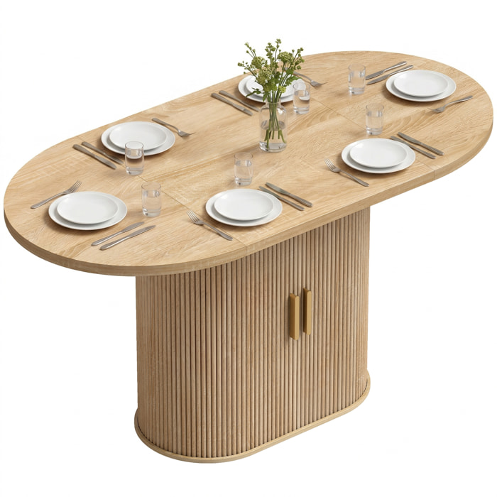 Mesa de Comedor Ovalada, Mesa de Cocina para 6 Personas con Tablero Grueso, Puertas Correderas Tipo Persiana, 6 Compartimentos, Estilo Farmhouse, para Sala de Estar, 140x70x75 cm, Roble