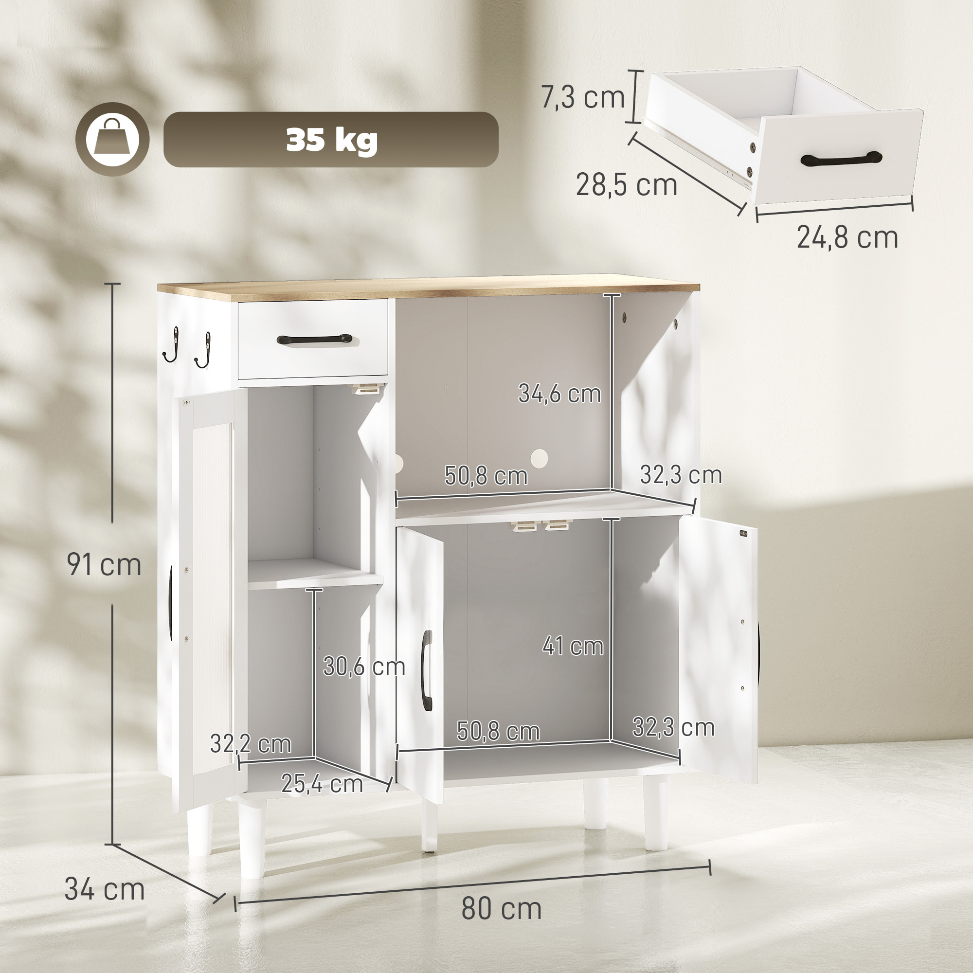Aparador, Armario de Cocina Moderno con Puerta de Acrílico, Cajón, Estante Ajustable, Compartimento Abierto, Aparador para Cocina, Comedor, 80x34x91 cm, Blanco