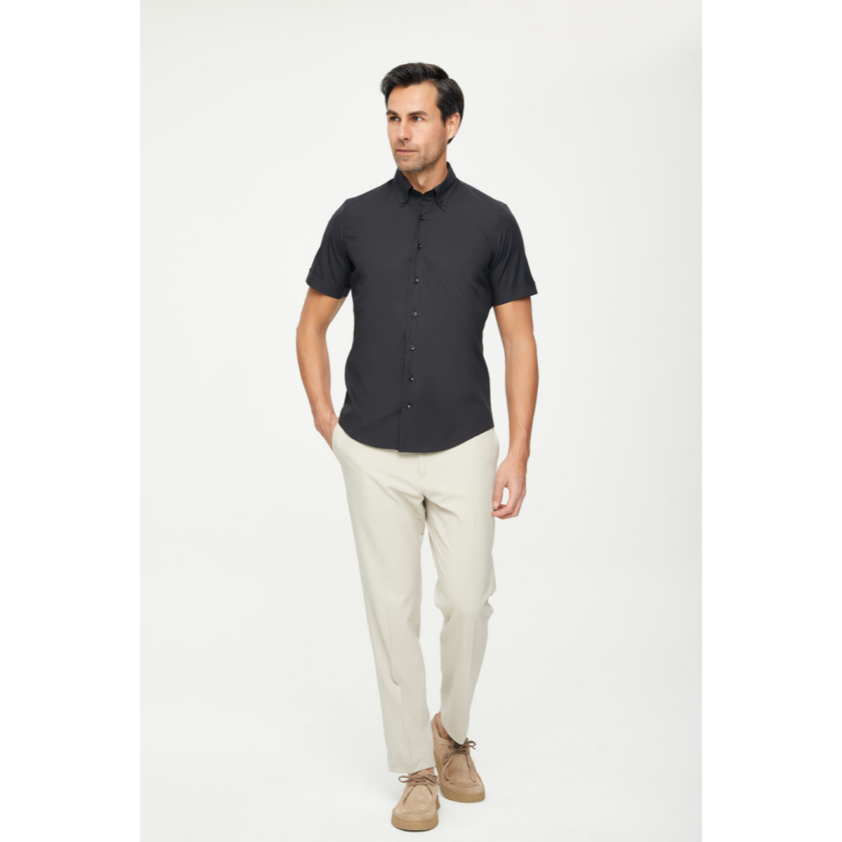 Camicia Uomo 1 Bottone Button Down Manica Corta Slim Popeline Stretch Unito Nero