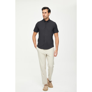 Camicia Uomo 1 Bottone Button Down Manica Corta Slim Popeline Stretch Unito Nero