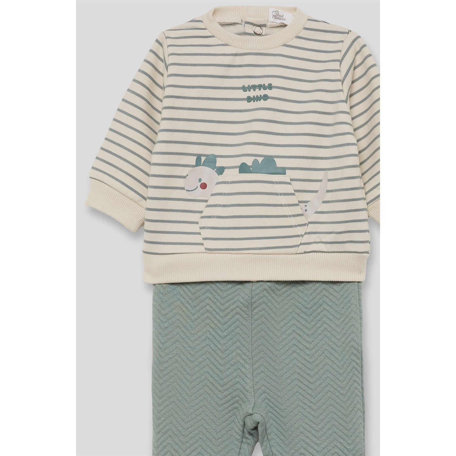 Conjunto bebé niño sudadera de rayas y pantalón eucalipto, dinosaurio y bolsillo canguro | Color: Verde iceberg | Street Monkey