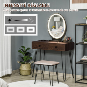 Coiffeuse design - miroir LED intégré - 2 tiroirs + 1 organisateur - tabouret inclus - métal noir MDF imitation bois noyer foncé