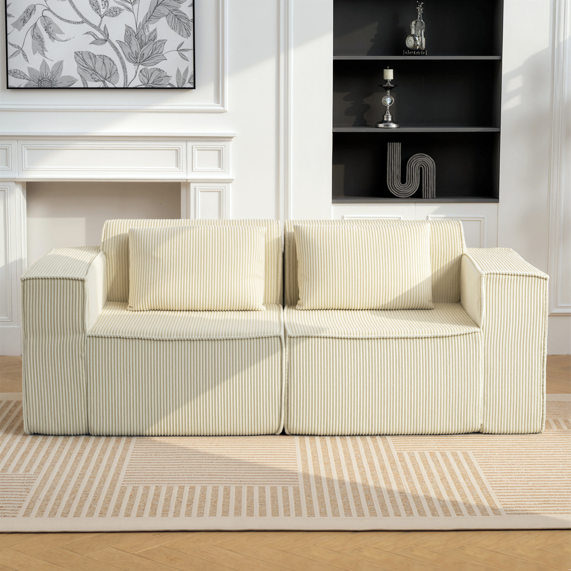 Sofá de 3 Plazas, Sofá de Salón, 202x90x76 cm, Tapizado en Pana, Acolchado Grueso, Asiento Extra Profundo, Reposabrazos Anchos, 2 Almohadas, Beige