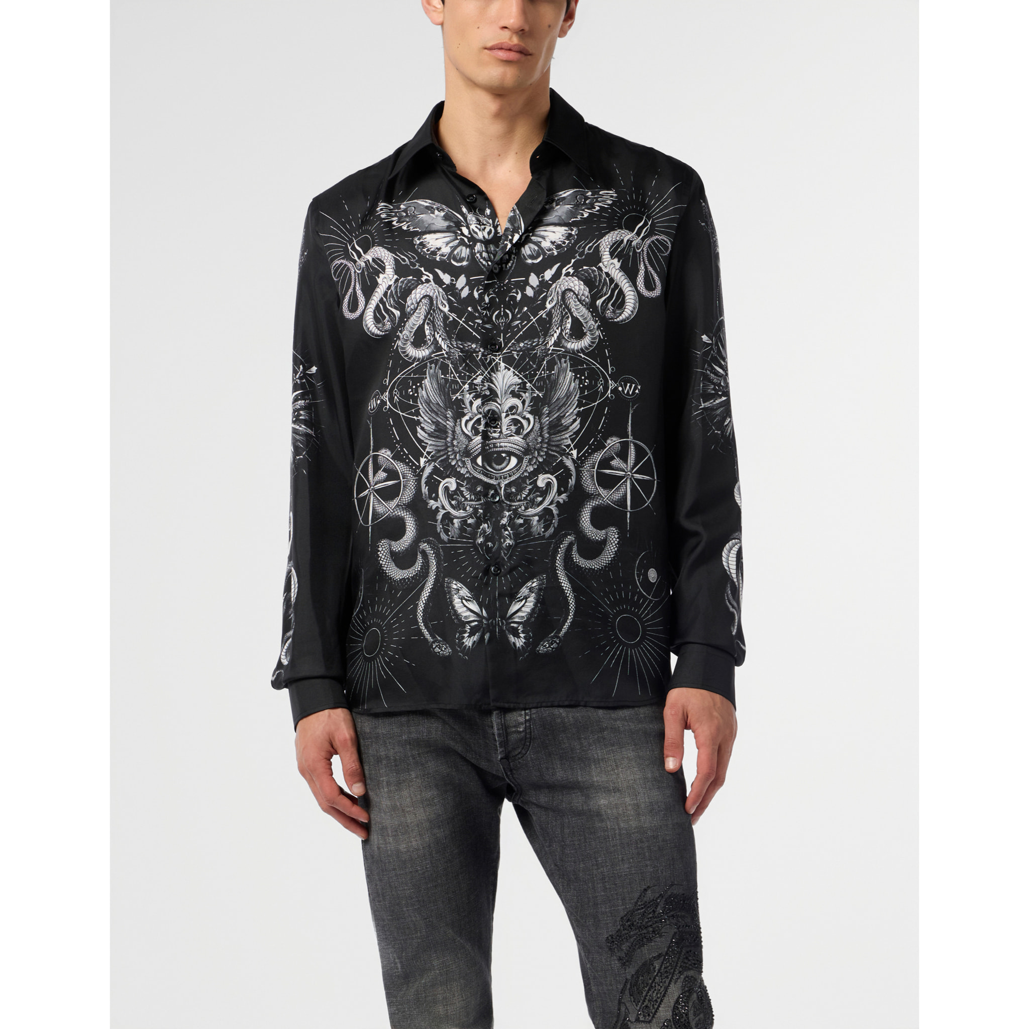 PHILIPP PLEIN Silk Shirt All-Over Tattoo