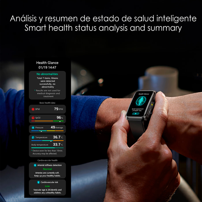 Smartwatch TK77. Chiamate Bluetooth con funzioni sanitarie avanzate: misurazione della glucosio, lipidi e acido urico, temperatura corporea, ECG, EDA, micro esame fisico e composizione corporea.