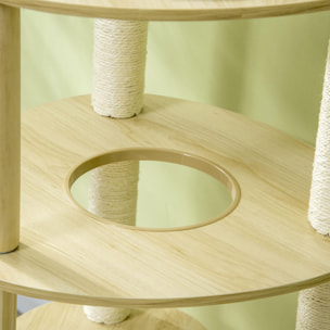 PawHut Árbol Rascador para Gatos de Madera 123,5 cm Torre Escalador para Gatos con Múltiples Plataformas Cama Desmontable y Cojines Ø54x123,5 cm Roble