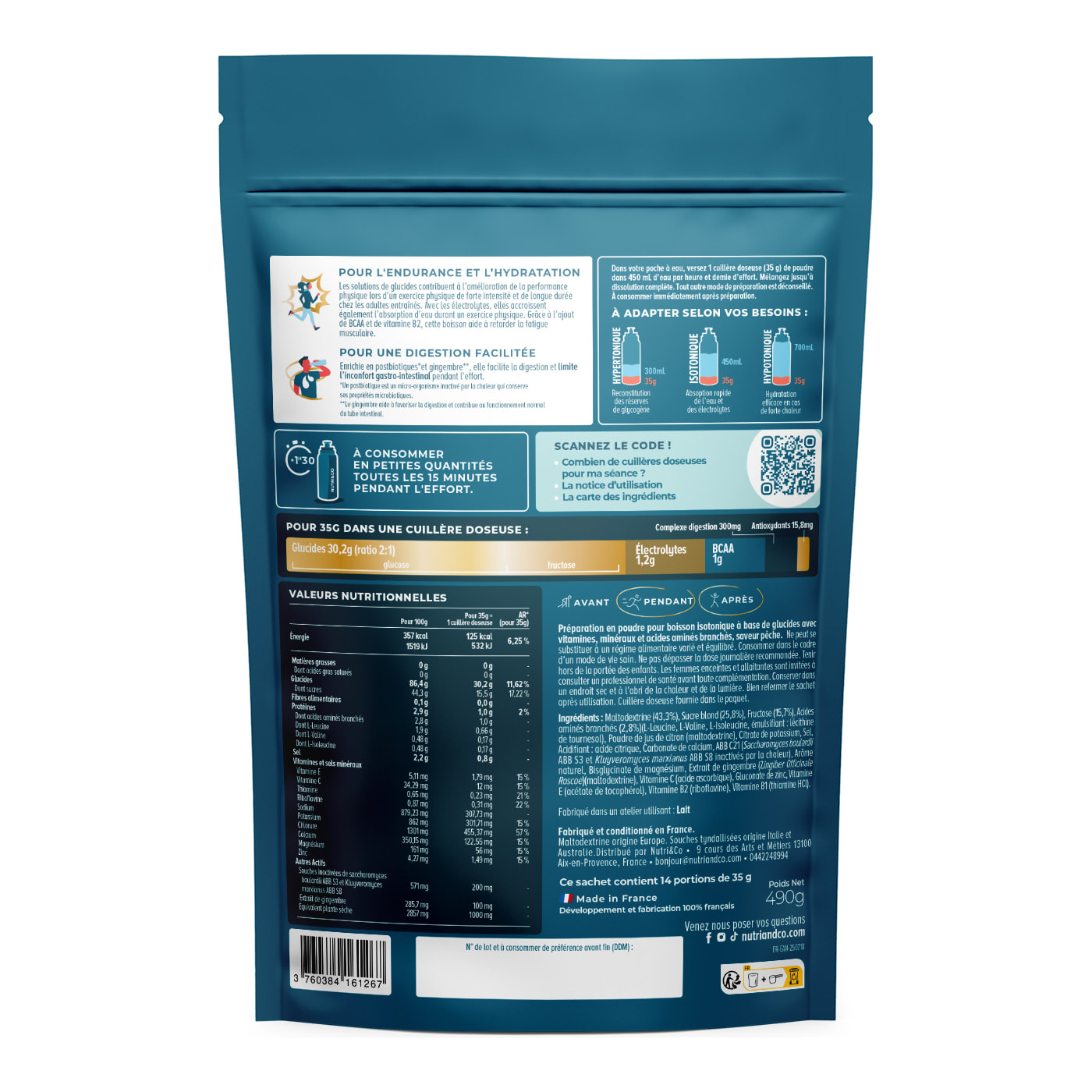 NUTRI & CO Boisson Énergétique Isotonique en Poudre – Running, Vélo, Hyrox – 490g goût pêche
