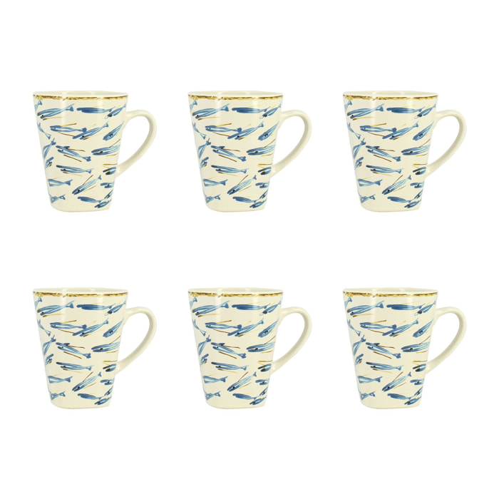 Lot de 6 mugs 36cl en grès à motif poisson MARIUS