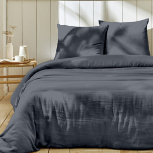 Parure housse de couette 3pcs unie 100% gaze de coton - bleu jean