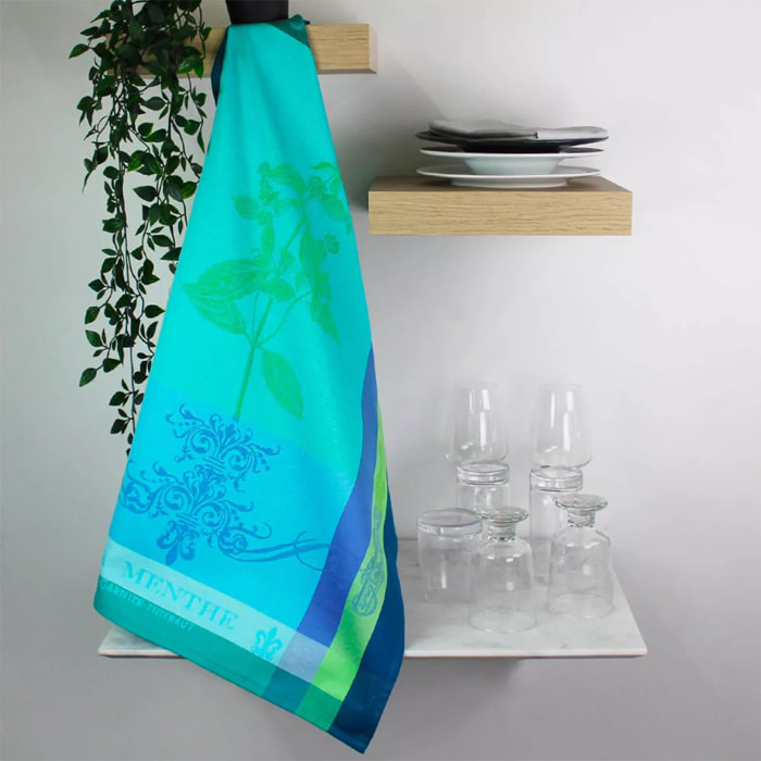Torchon pur coton motif jacquard bleu vert Brin de menthe chlorophylle