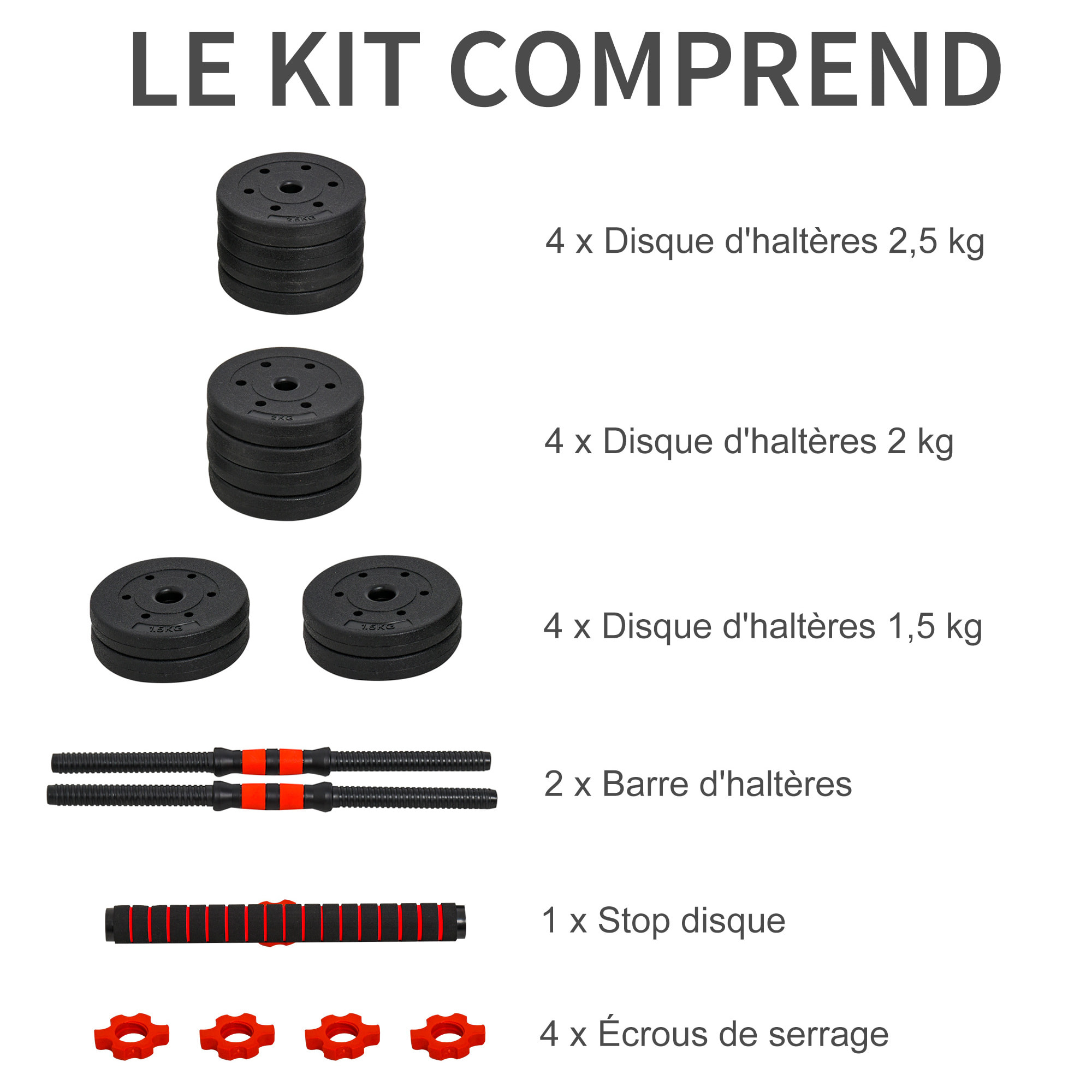 Ensemble d'haltères courtes total 25 Kg - barres incluses - entraînement musculaire & haltérophilie - acier HDPE noir rouge