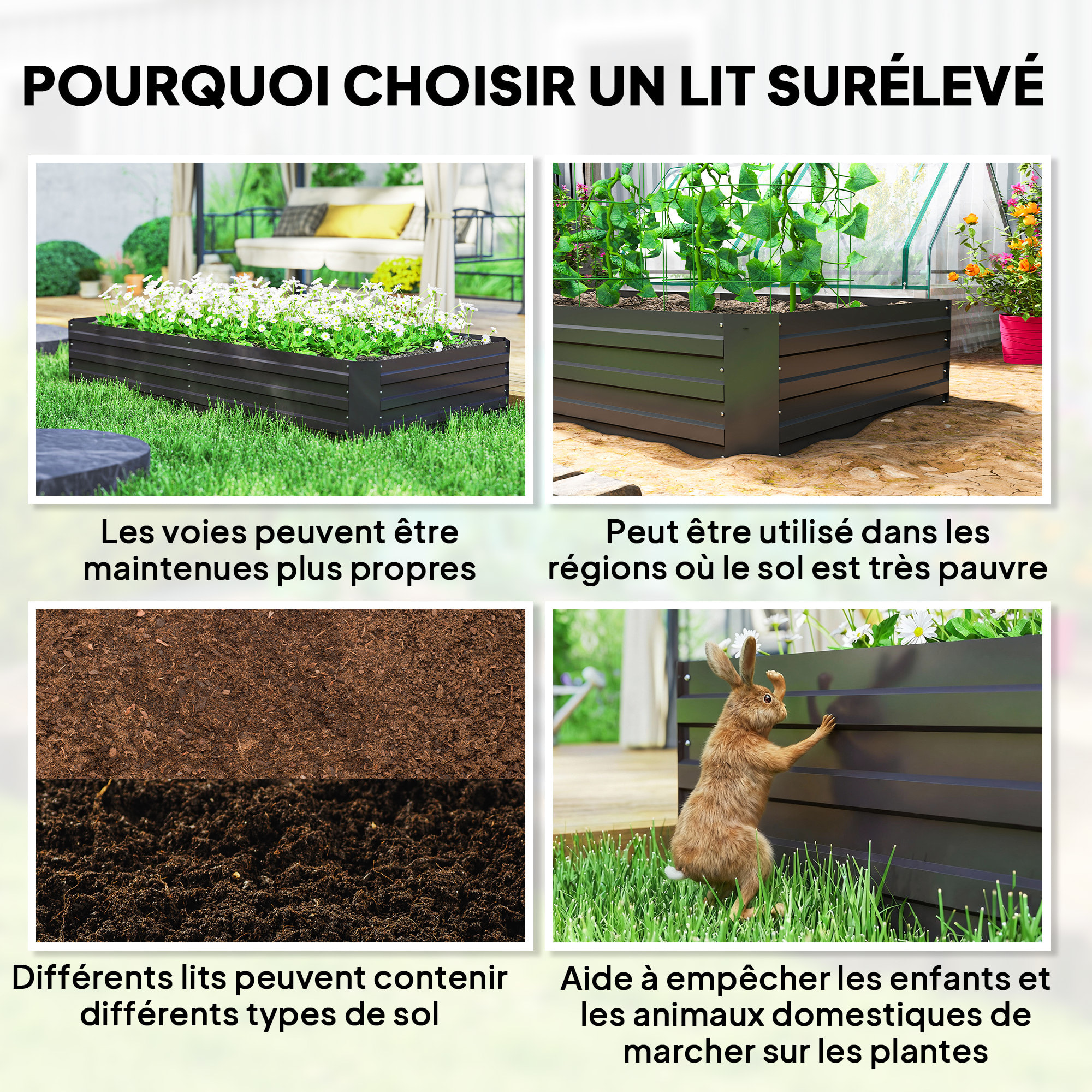 Carré potager de jardin avec tuteur modulable tôle d'acier ondulée noir