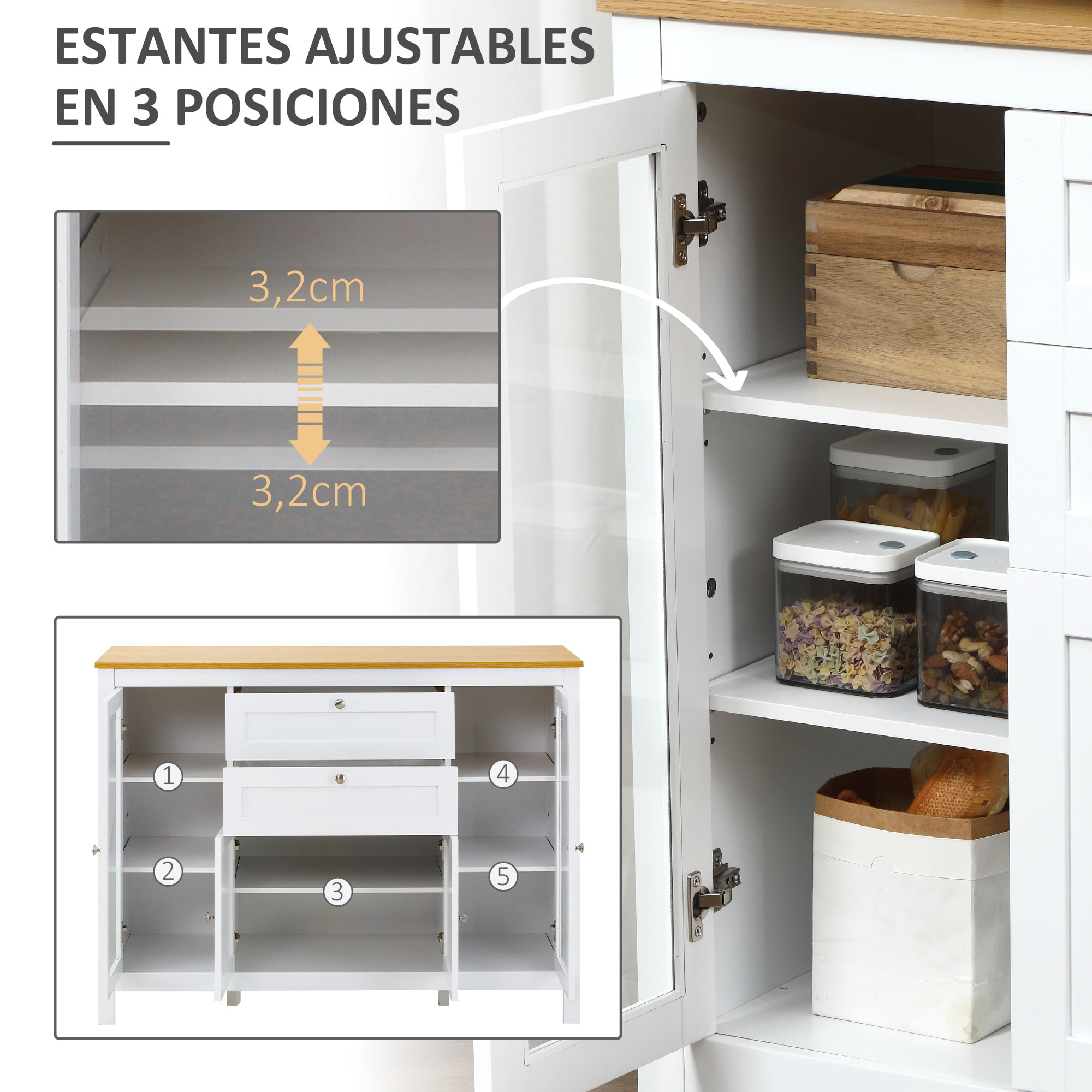 Aparador de Cocina con Armario 2 Cajones 2 Puertas de Vidrio y Estantes Ajustables Muebles Auxiliar de Almacenaje para Comedor Salón 120x40x90 cm Blanco