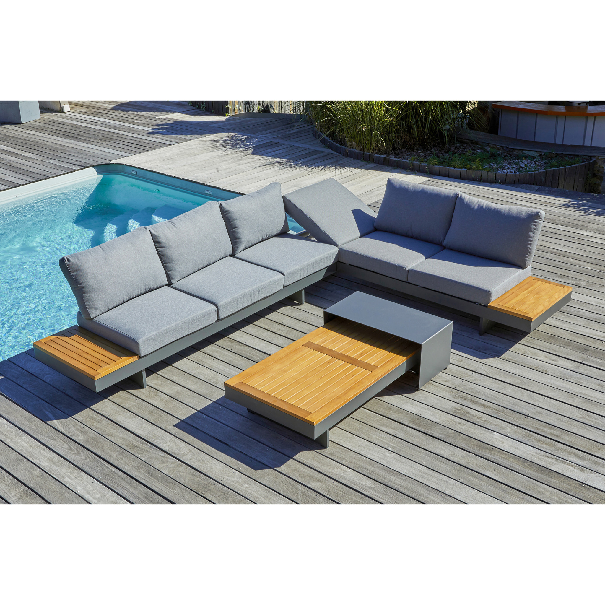 VANUATU - Salon de jardin d'angle 6 places en bois d'acacia et alu