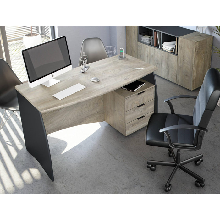 Scrivania Carrollton, Scrittoio da ufficio, Tavolo da studio porta PC con 3 cassetti, cm 136x67h74, Rovere e Antracite