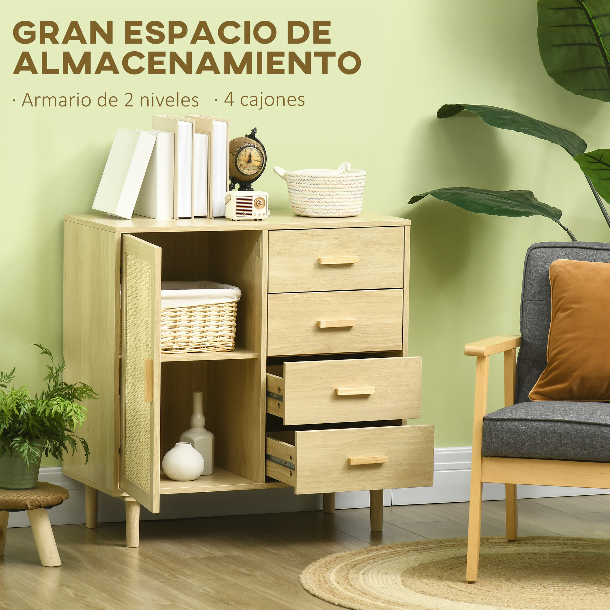 Aparador de Salón Estilo Boho Buffet de Cocina con Puerta de Ratán 4 Cajones y Patas de Madera de Pino para Pasillo Entrada 80x38x80,5 cm Natural