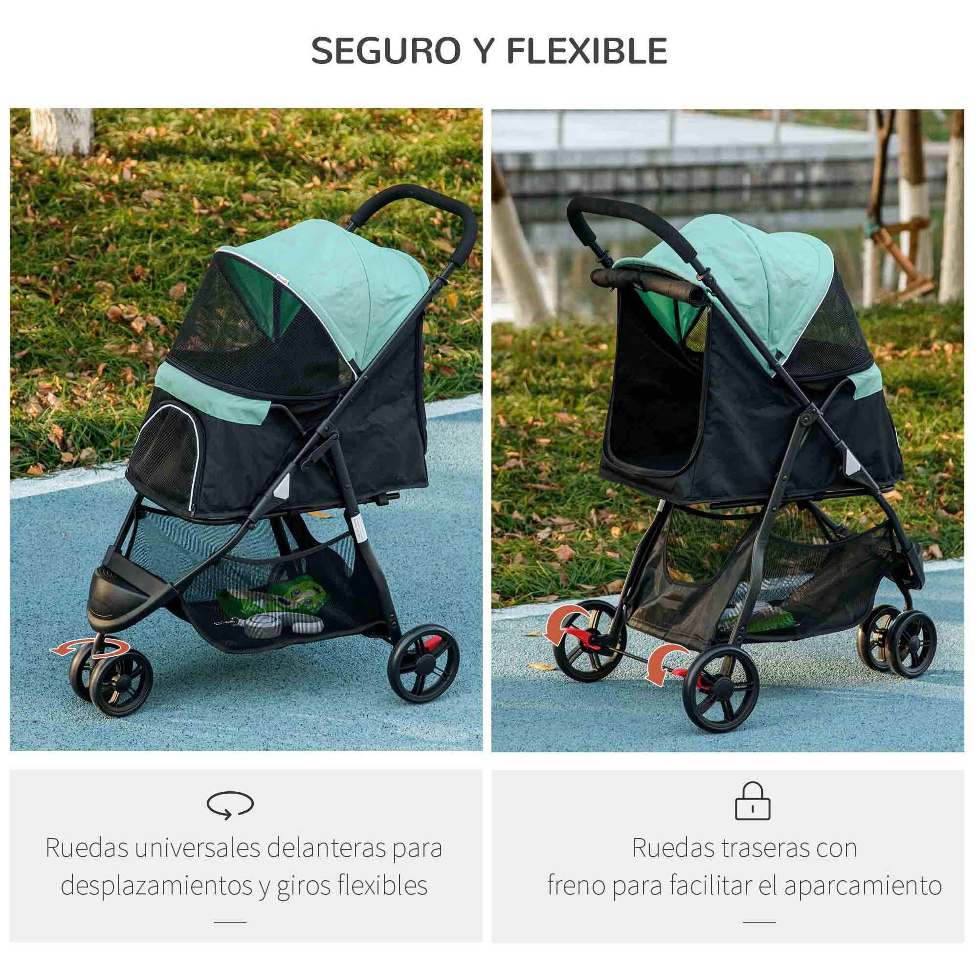 Carrito para Perros Plegable Cochecito para Mascotas Carrito para Perros Pequeños con Cesta de Almacenaje Ventana de Malla Cubierta para Lluvia y 2 Ruedas Universales 80,5x51,5x100 cm Verde