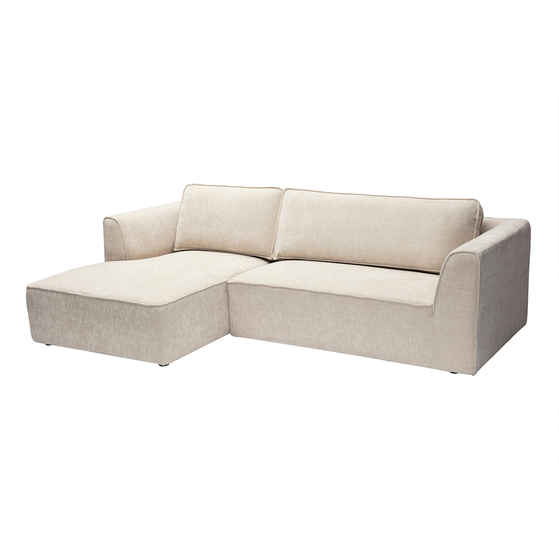 Canapé d'angle gauche design en tissu effet velours texturé beige 3 places GRAMMY