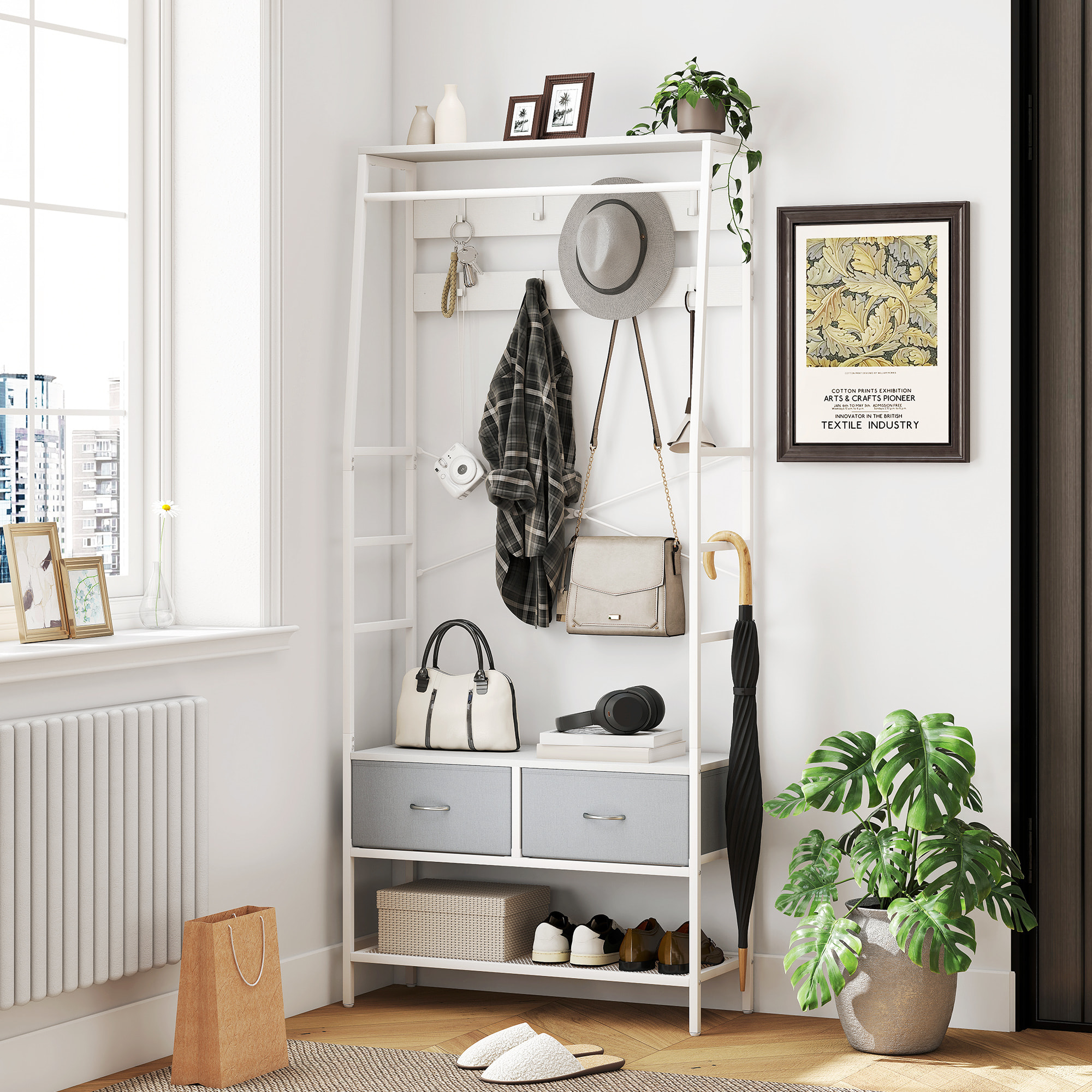 Perchero Zapatero Perchero Entrada Recibidor con Zapatero 8 Ganchos 2 Cajones de Tela Barra Estante de Malla Estilo Industrial para Pasillo Dormitorio Salón 80x30x180,5 cm Blanco