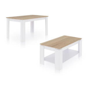 Pack mesa de comedor 123 y mesa de centro Lya Blanco Artik (Blanco Mate) - Roble Canadian