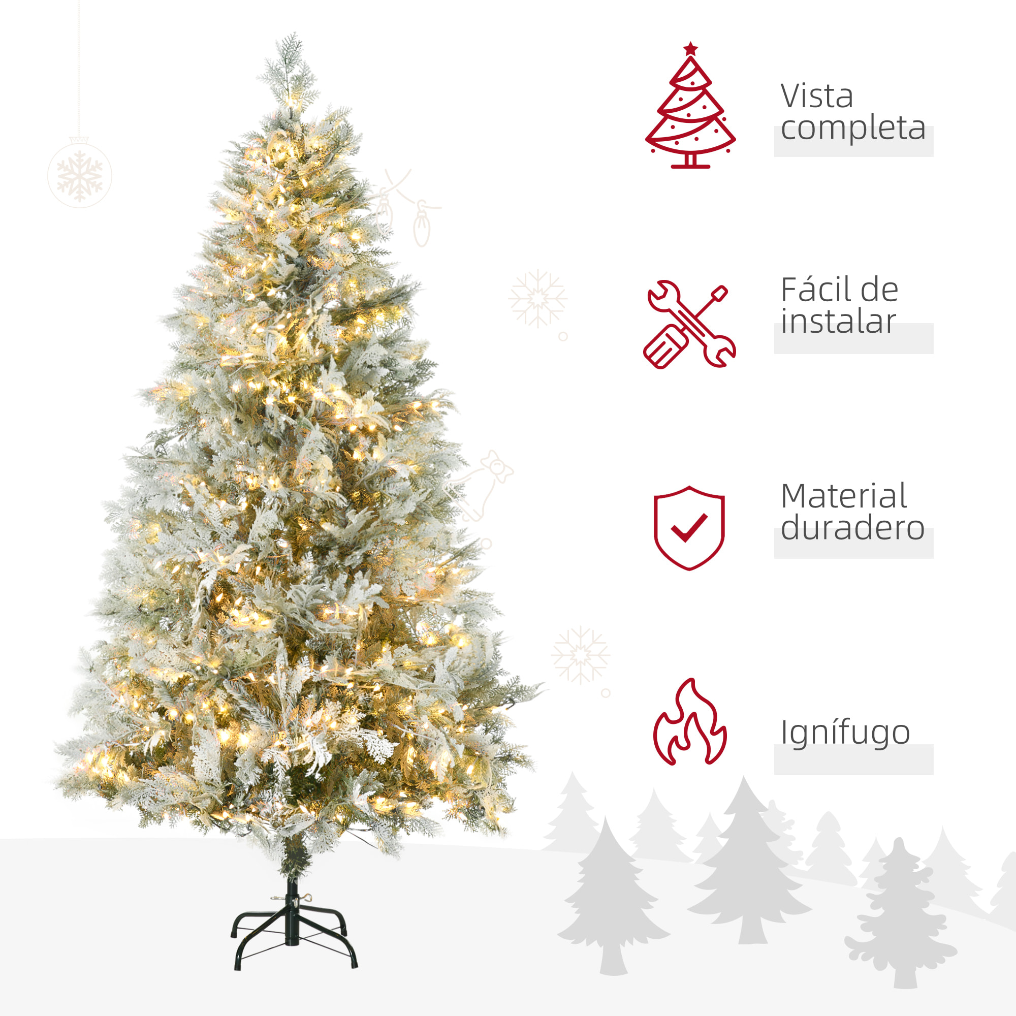 Árbol de Navidad Artificial 180 cm con 300 Luces LED Blancas Cálidas Árbol de Navidad Nevado con 577 Ramas Forma de Ciprés Base Plegable Decoración Navideña