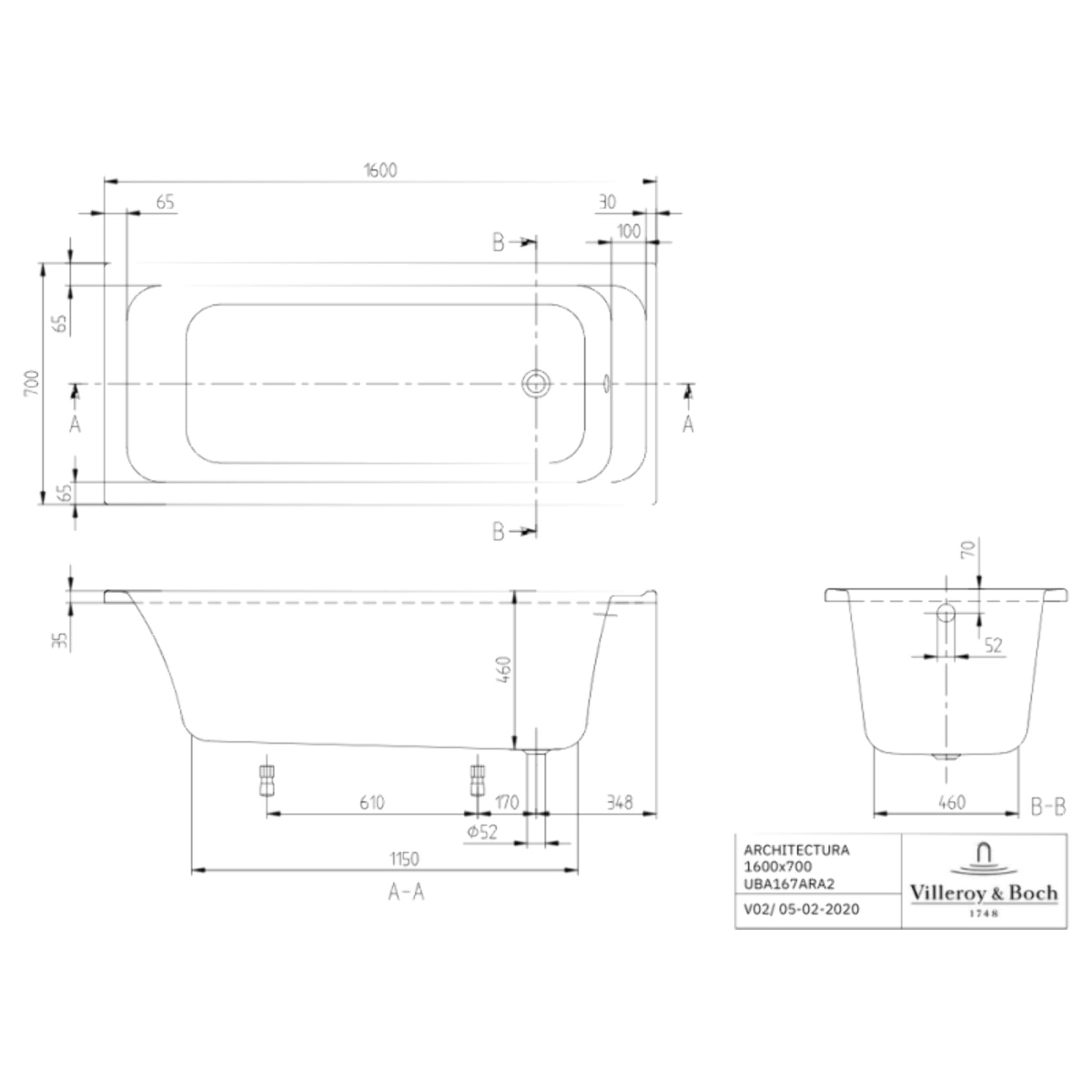 Baignoire droite VILLEROY & BOCH Architectura acrylique 160 x 70 cm  + Pare bain gauche AURYS Mist 1 chromé