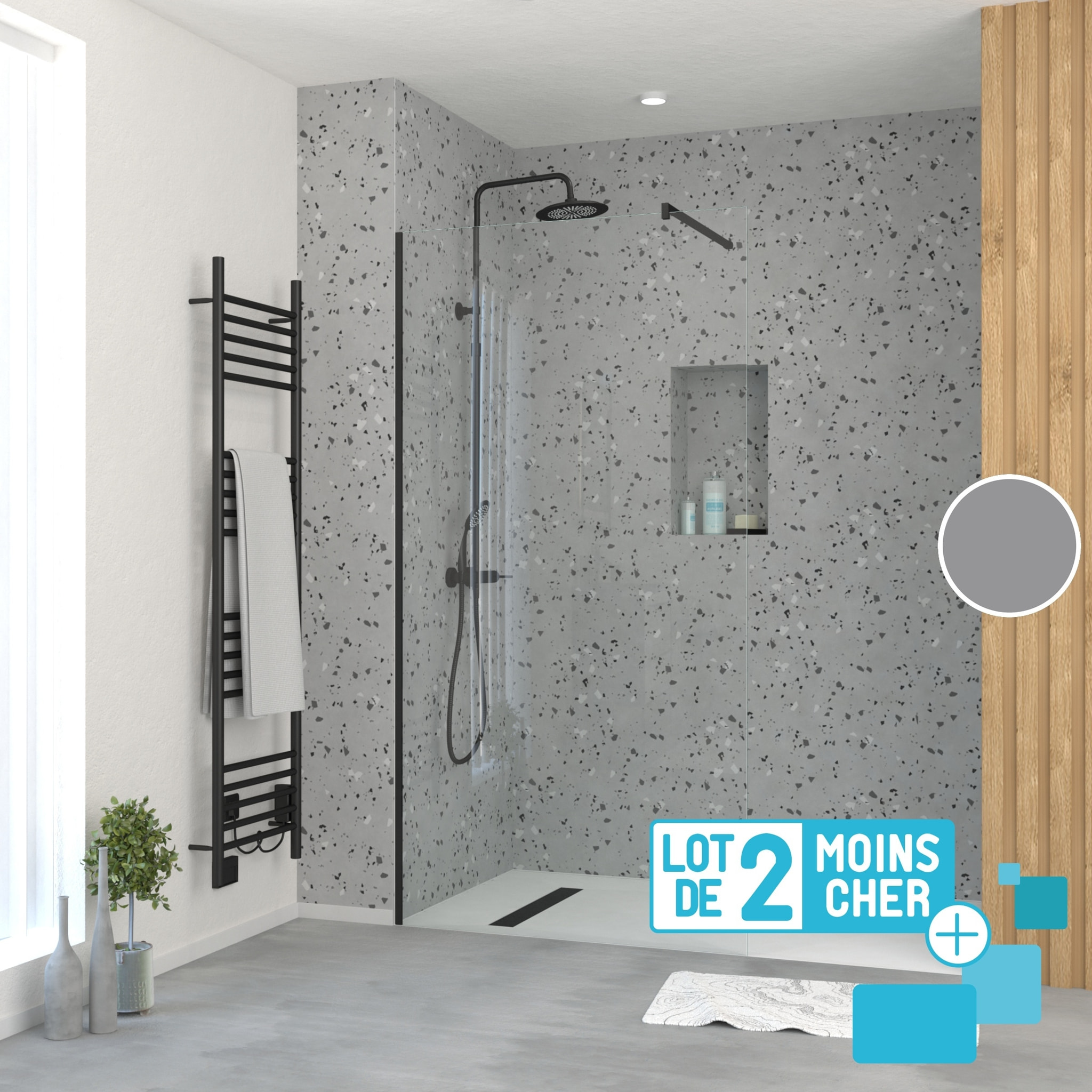 LOT de 2 Parois de Douche 100x195 cm en Verre Trempé 5 mm - Profilés et Bras Noirs