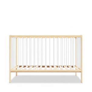Lit Bébé Évolutif Mathis 60x120 cm, Couleur Bois Naturel & Blanc, Sommier Réglable 3 Hauteurs, Barreaux Amovibles, Lit Bébé Bois Massif