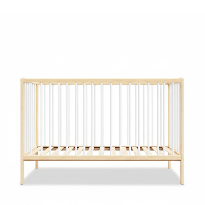 Lit Bébé Évolutif Mathis 60x120 cm, Couleur Bois Naturel & Blanc, Sommier Réglable 3 Hauteurs, Barreaux Amovibles, Lit Bébé Bois Massif