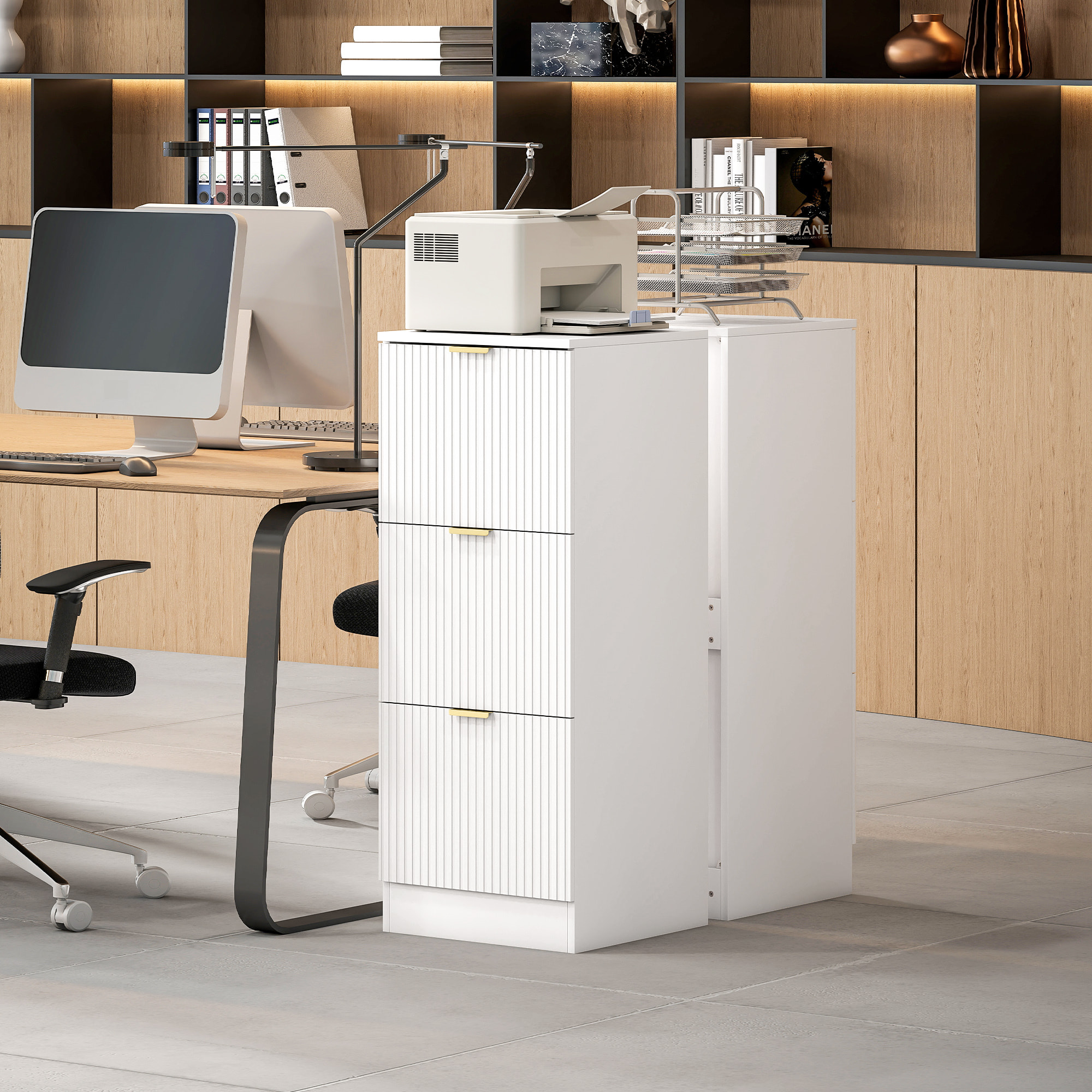 Cajonera de Oficina con 3 Cajones Cajonera de Escritorio con Frentes Acanalados Mueble Archivador para Tamaño A4 o Carta para Estudio 40x40x101 cm Blanco