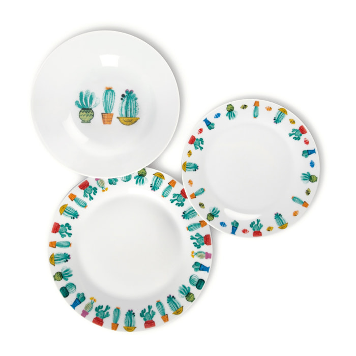 Service 18 assiettes Excelsa Cactus, porcelaine, multicolore