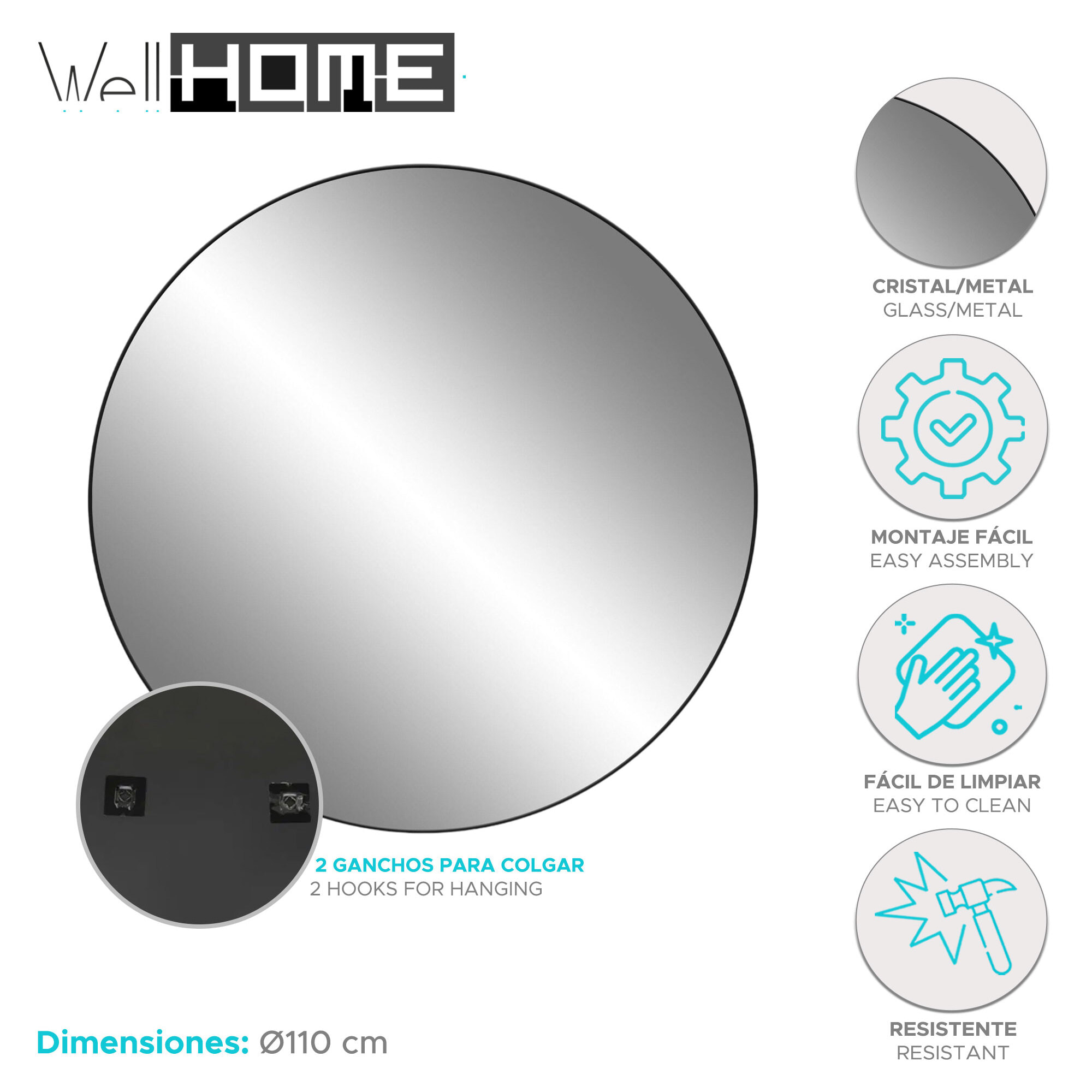 Well home - espejo redondo marco en metal ø110cm